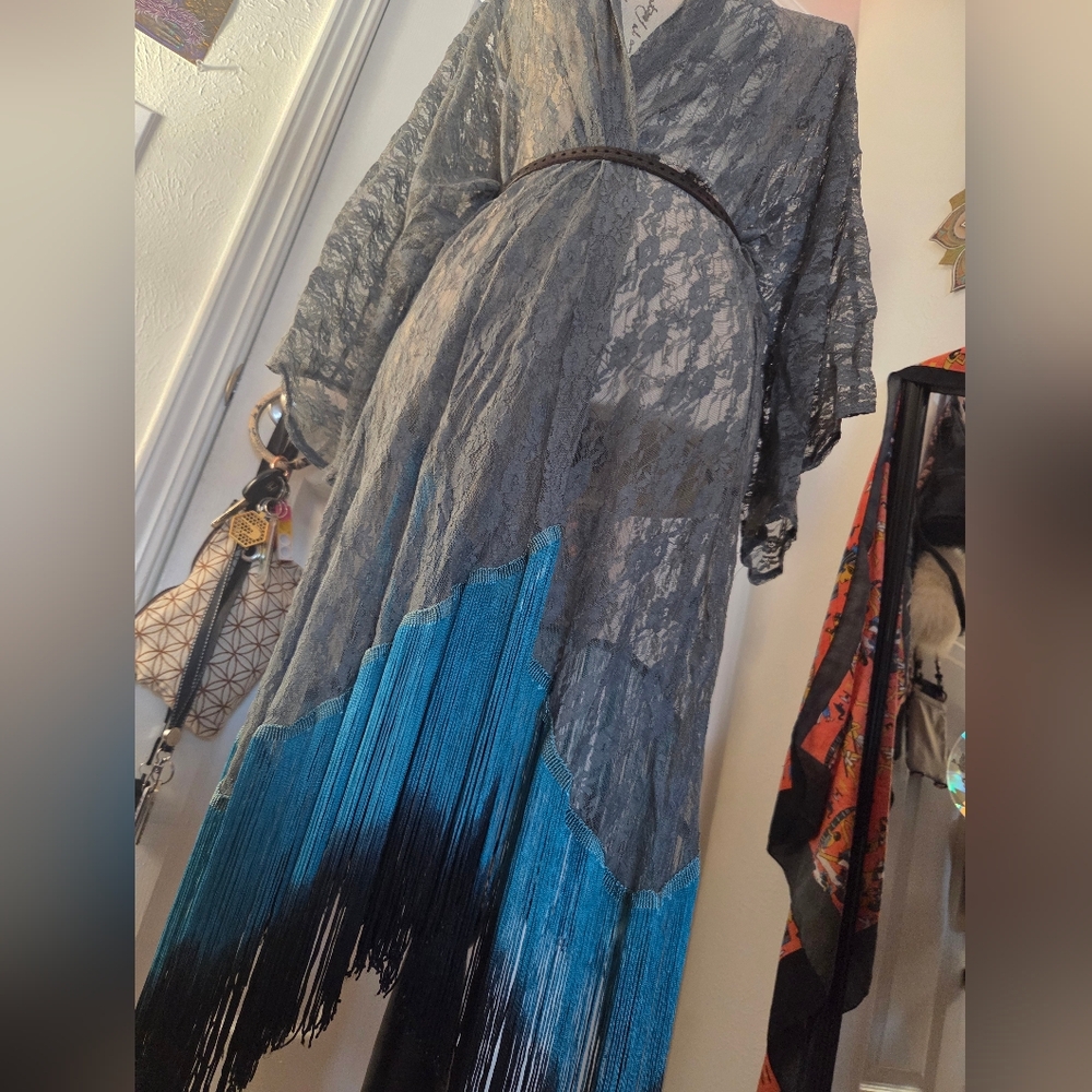 Gray and Blue Lace Kimono with Fringe